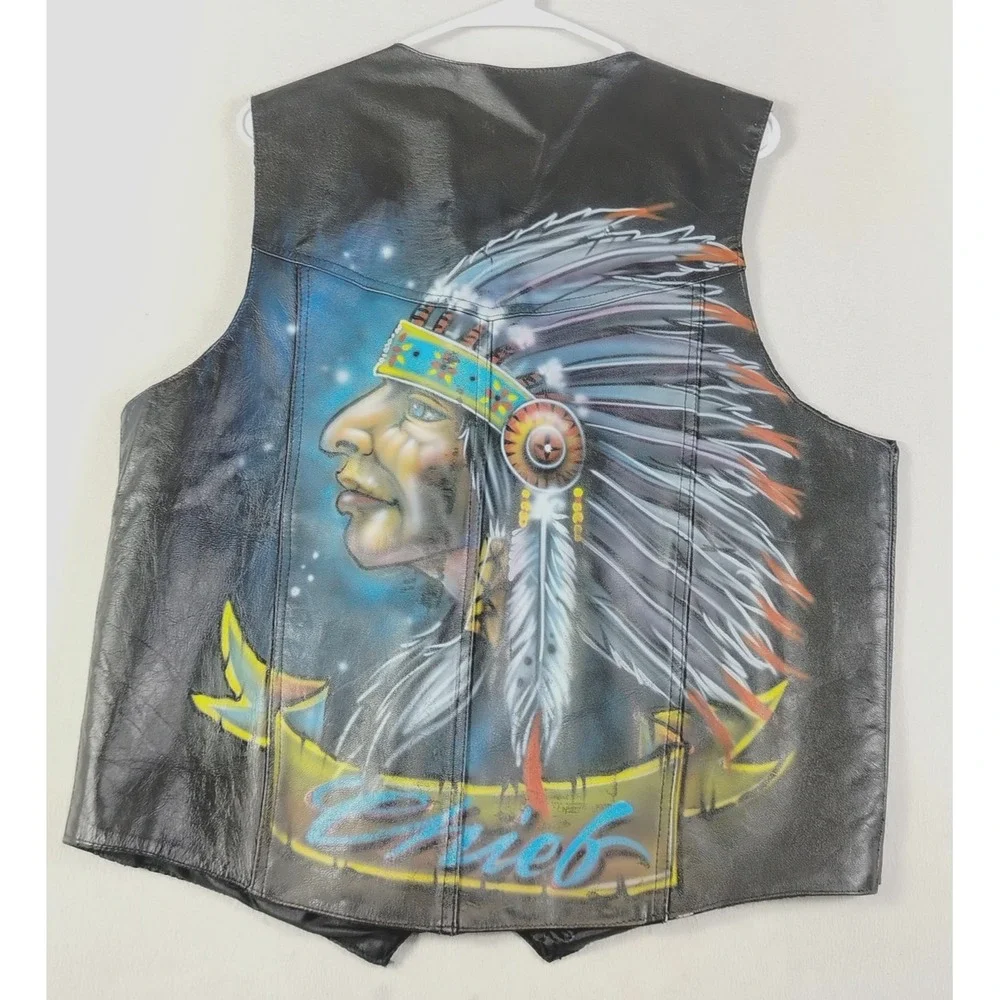 Vintage Hudson Leather Vest Mens XL Black Bikecore Hand Painted Chief Motorcycle